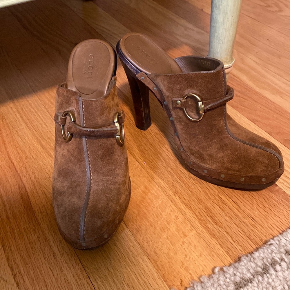 Gucci Leather and Wooden Platform Clogs with horsbit details